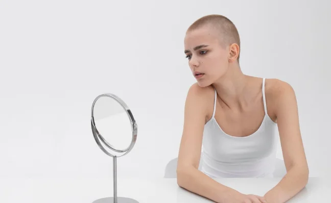 девушка с анорексией смотрится в зекрало